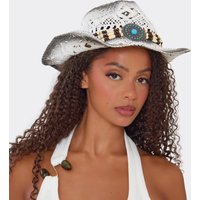 Beaded Detail Western Cowboy Hat In White Woven., Women's Size UK 0