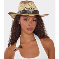 Stud Detail Western Cowboy Hat In Beige Woven, Women's Size UK 0