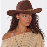 Beaded Trim Detail Western Cowboy Hat In Brown Felt, Women's Size UK 0