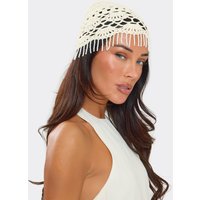 Tassel Hem Detail Hat In Cream Crochet Knit, Women's Size UK 0