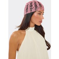 Sequin Detail Hat In Pink Crochet Knit, Women's Size UK 0