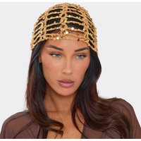 Sequin Detail Hat In Gold Crochet Knit, Women's Size UK 0