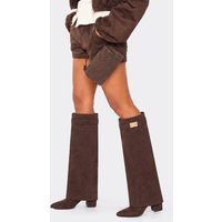 Magic Layered Lock Detail Pointed Toe Block Heel Knee High Boot In Brown Faux Suede, Women's Size US