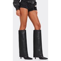 Random Layered Pointed Toe Stiletto Heel Knee High Boot In Black Faux Leather, Women's Size US