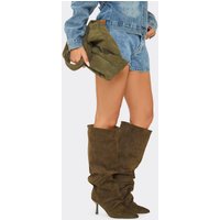 Cave Pointed Toe Slouched Detail Knee High Boot In Khaki Faux Suede, Women's Size UK 8