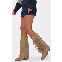Vegas Side Fringe Layered Detail Knee High Western Cowboy Boot In Beige Faux Suede, Women's Size US