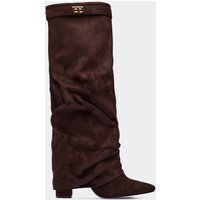 Chella Lock Detail Pointed Toe Knee High Slouched Boot In Brown Faux Suede, Women's Size UK 4