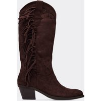 Kiko Fringe Detail Pointed Toe Mid Calf Western Cowboy Boot In Brown Faux Suede, Women's Size UK 5