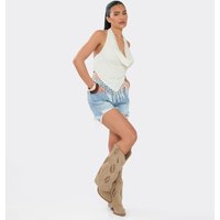 Feng Cut Out Embroidered Detail Knee High Western Cowboy Boot In Taupe Faux Suede, Women's Size US