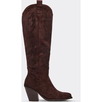 Rachie Embroidered Detail Knee High Western Cowboy Boot In Brown Faux Suede., Women's Size UK 6
