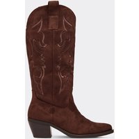 Sweetz Embroidered Detail Knee High Western Cowboy Boot In Mocha Brown Faux Suede, Women's Size US