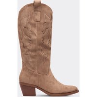 Sweetz Embroidered Detail Knee High Western Cowboy Boot In Beige Faux Suede, Women's Size UK 8