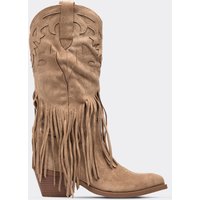 Bambie Fringe Detail Mid Calf Western Cowboy Boot In Beige Faux Suede, Women's Size US