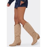 Payne Pointed Toe Knee High Western Cowboy Boot In Nude Faux Suede, Women's Size US