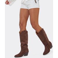 Payne Pointed Toe Knee High Western Cowboy Boot In Brown Faux Suede, Women's Size US
