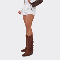 Vadena Tassel Detail Pointed Toe Western Cowboy Boot In Brown Faux Suede, Women's Size US