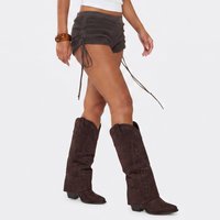 Rhodes Embroidered Layered Stud Detail Knee High Western Cowboy Boot In Brown Faux Suede, Women's Size US