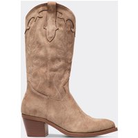 Southern Embroidered Detail Pointed Toe Mid Calf Western Cowboy Boot In Taupe Faux Suede, Women's Size UK 3