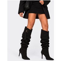 Eloise Buckle Detail Pointed Toe Stiletto Heel Knee High Boot In Black Faux Suede, Women's Size UK 8