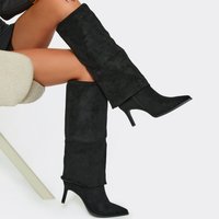 Amaya Layered Detail Pointed Toe Knee High Heeled Boot In Black Faux Suede, Women's Size UK 8