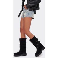Tiria Buckle Detail Mid Calf Biker Boot In Black Faux Suede, Women's Size UK 8