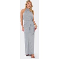 High Neck Sleeveless Wrap Tie Front Maxi Dress In Grey Marl, Women's Size UK L