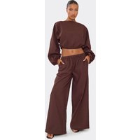 Elasticated Waist Wide Leg Trousers In Brown Linen, Women's Size UK M