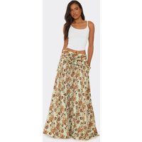 Mid Rise Ruched Foldover Floaty Maxi Skirt In Multi Print Woven, Women's Size UK 10