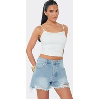Mid Rise Distressed Detail Shorts In Light Blue Wash Denim, Women's Size UK 6