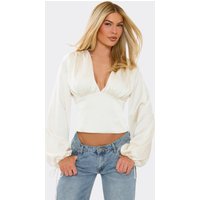 Long Balloon Sleeve Plunge Front Top In Cream Satin, Women's Size UK 10