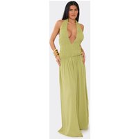 Plunge Halterneck Shirred Detail Backless Maxi Dress In Green Cheesecloth, Women's Size UK 8