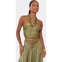 Halterneck Tie Detail Corset Top In Green Ombre Abstract Print., Women's Size UK 8