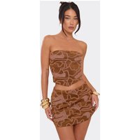 Bandeau Pointed Hem Embroidered Top In Tan Faux Suede, Women's Size US 8