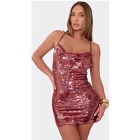 Cowl Neck Cross Back Fitted Mini Dress In Red Textured Sequin, Women's Size UK 14