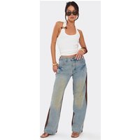 Mid Rise Contrast Faux Suede Back Straight Leg Trouser In Blue Denim, Women's Size US 4