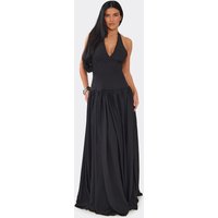 Plunge Halterneck Lace Up Back Boned Corset Maxi Dress In Black, Women's Size UK 6