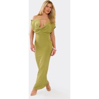 Off The Shoulder Cowl Neck Plunge Front Double Layer Maxi Dress In Green Slinky, Women's Size UK 14