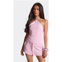 Halterneck Strappy Back Top In Pink Linen, Women's Size US 8