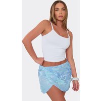 Mid Rise Tie Wrap Front Mini Skirt In Blue Floral Sequin, Women's Size UK XS