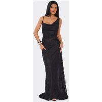 Cowl Neck Twisted Strap Maxi Dress In Black Lace, Women's Size UK 6