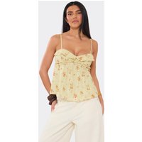 Strappy Frill Detail Cami Top In Sage Green Floral Print Woven, Women's Size UK 14