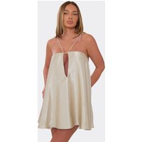 Strappy Key Hole Cut Out Floaty Mini Dress In Ivory Satin, Women's Size UK 12