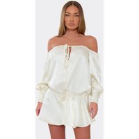 Long Bardot Sleeve Tie Front Playsuit In Cream Satin, Women's Size US 8