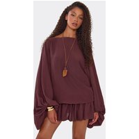 Long Balloon Sleeve Puffball Mini Dress In Brown, Women's Size UK 10