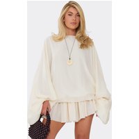Long Balloon Sleeve Puffball Mini Dress In Cream Chiffon, Women's Size UK 12