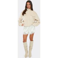 Lace Trim Floaty Shorts In Cream Satin, Women's Size UK 14