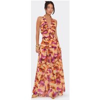 Halterneck Plunge Front Ruched Maxi Dress In Multi Abstract Print, Women's Size UK 8