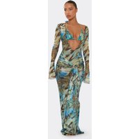 Long Sleeve Plunge Neck Draped Trim Detail Maxi Dress In Green Abstract Print, Women's Size UK XS