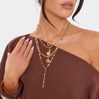 Gem Stone Detail Multi Layered Chain Necklace In Gold, Women's Size UK 0