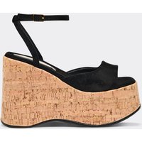 Jenni Ankle Strap Cork Platform Wedge Heel In Black Faux Suede, Women's Size UK 8